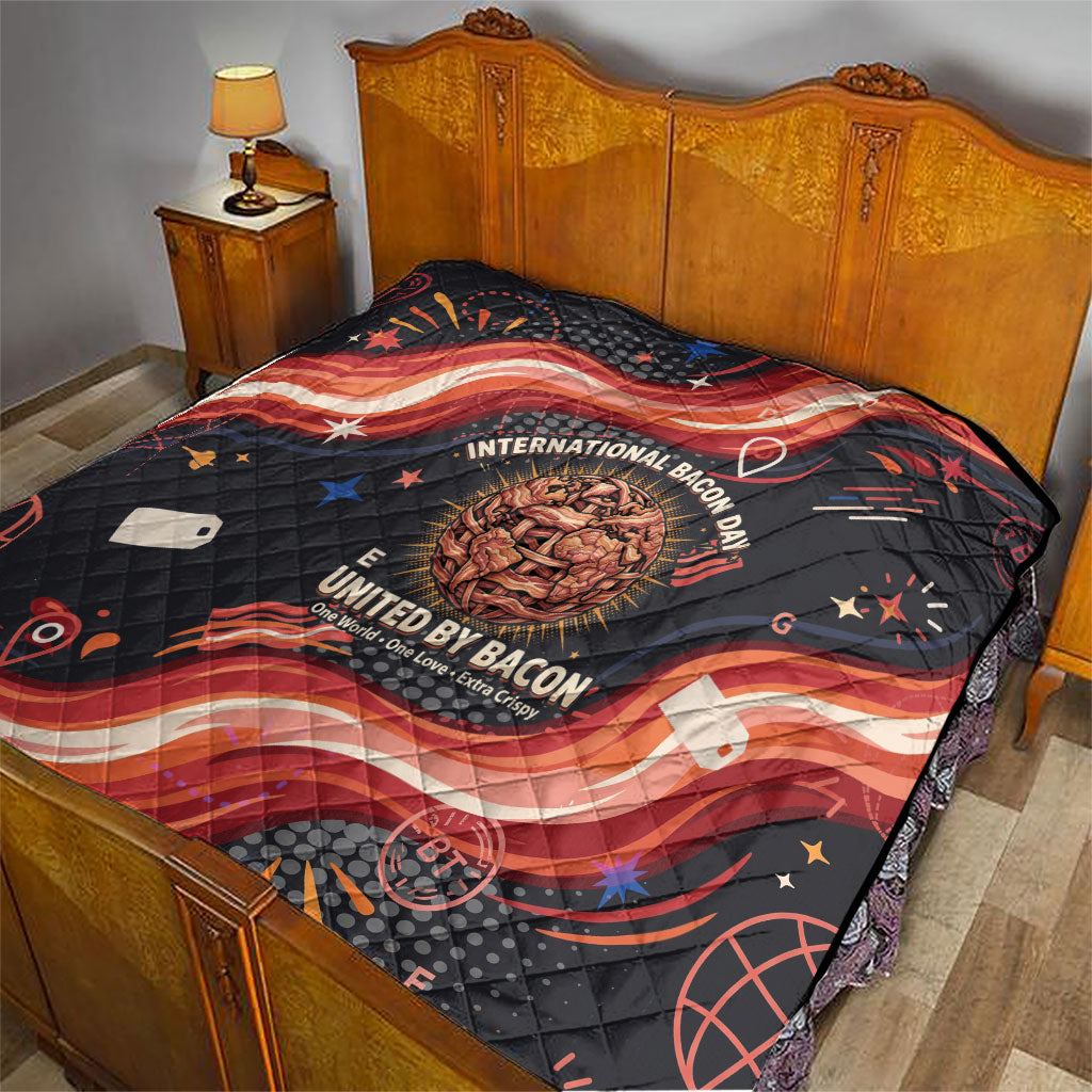 International Bacon Day United By Bacon Quilt Retro Bacon Globe and Cool Bacon Mascot Graphic