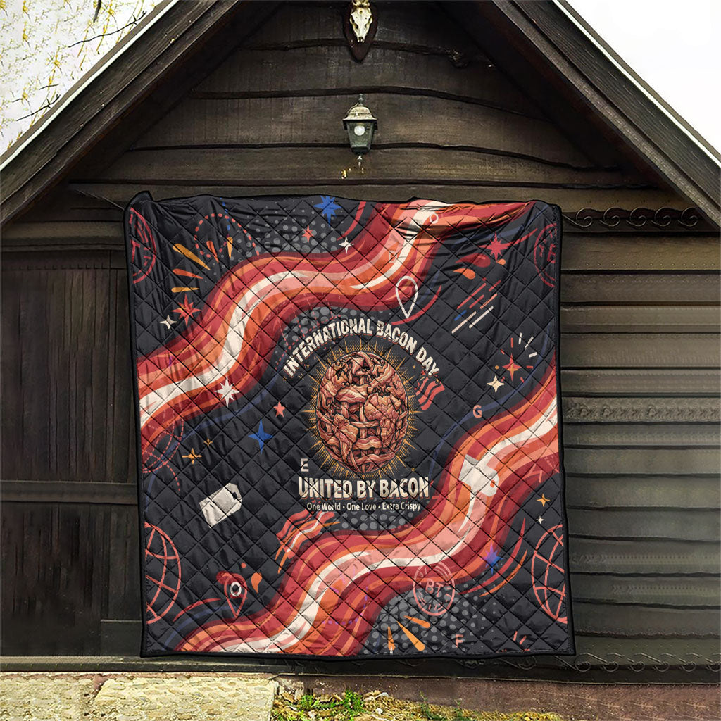 International Bacon Day United By Bacon Quilt Retro Bacon Globe and Cool Bacon Mascot Graphic