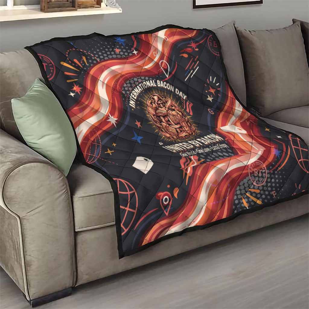 International Bacon Day United By Bacon Quilt Retro Bacon Globe and Cool Bacon Mascot Graphic
