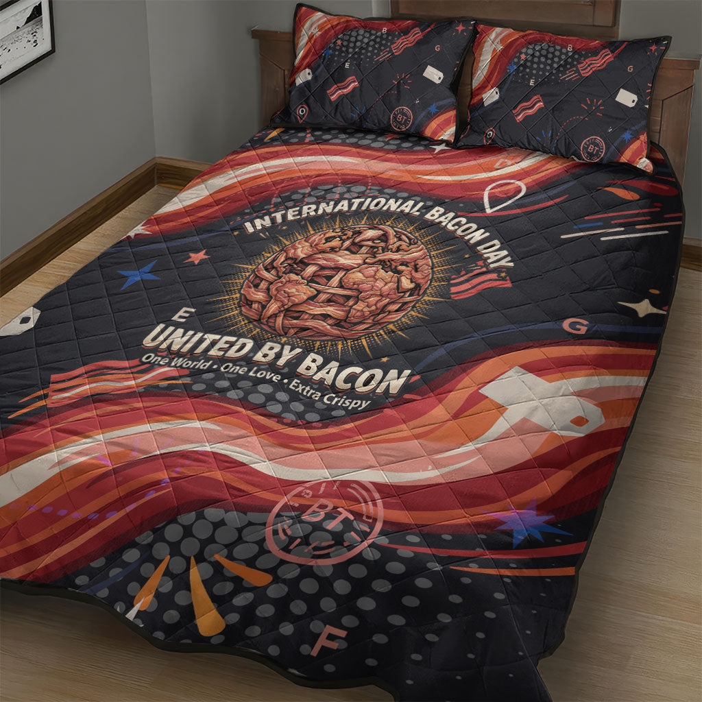 International Bacon Day United By Bacon Quilt Bed Set Retro Bacon Globe and Cool Bacon Mascot Graphic