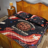 International Bacon Day United By Bacon Quilt Bed Set Retro Bacon Globe and Cool Bacon Mascot Graphic