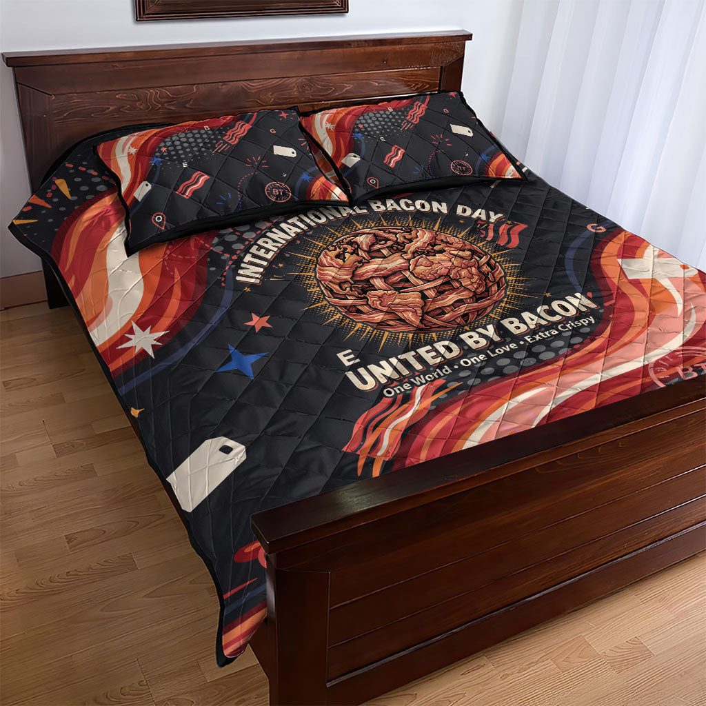 International Bacon Day United By Bacon Quilt Bed Set Retro Bacon Globe and Cool Bacon Mascot Graphic