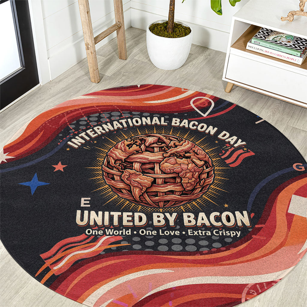 International Bacon Day United By Bacon Round Carpet Retro Bacon Globe and Cool Bacon Mascot Graphic