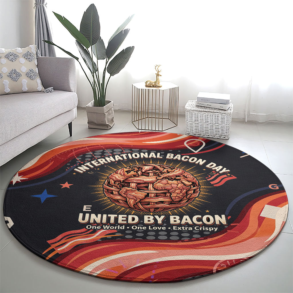 International Bacon Day United By Bacon Round Carpet Retro Bacon Globe and Cool Bacon Mascot Graphic