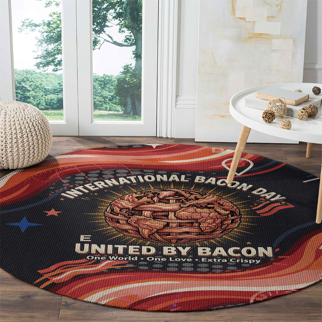 International Bacon Day United By Bacon Round Carpet Retro Bacon Globe and Cool Bacon Mascot Graphic
