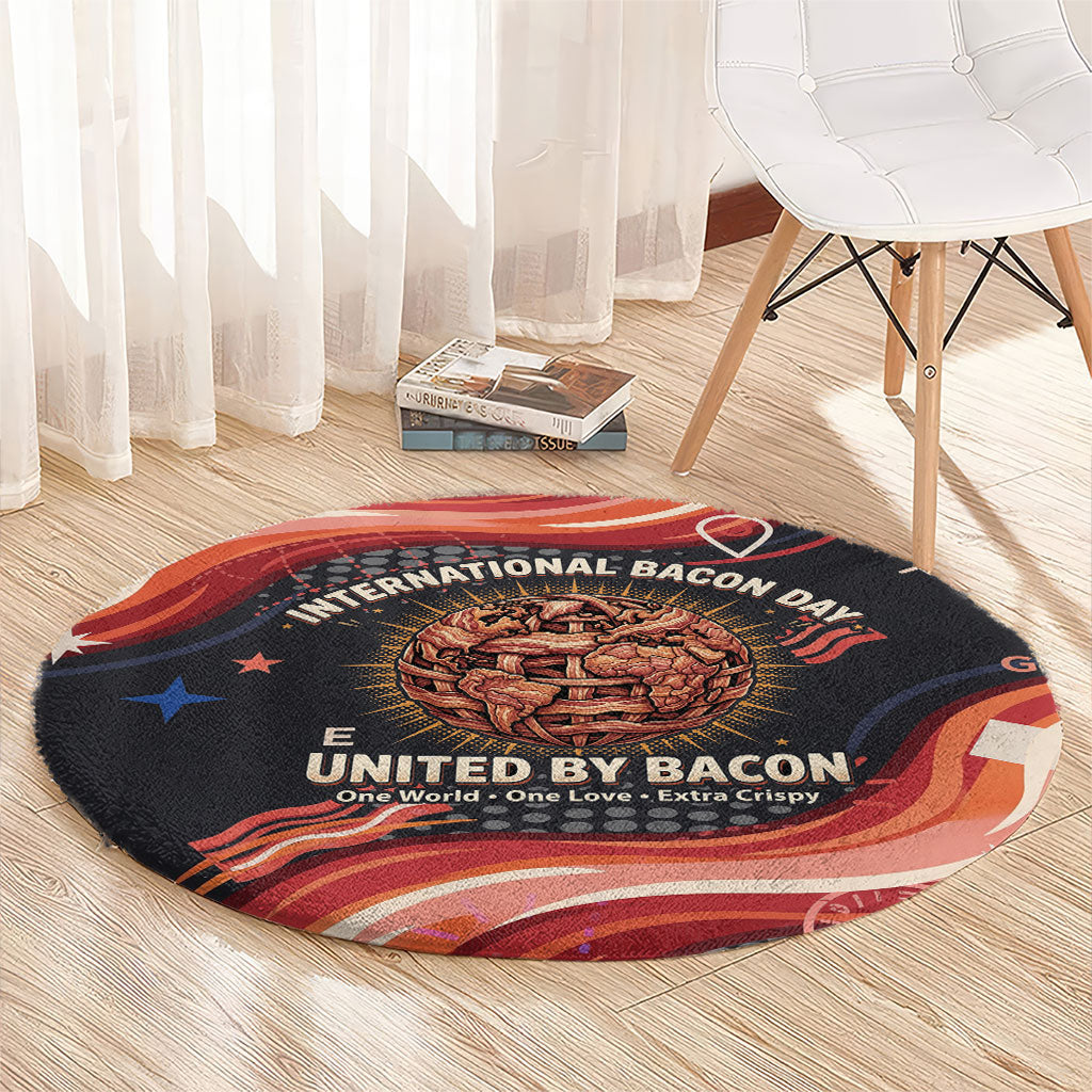 International Bacon Day United By Bacon Round Carpet Retro Bacon Globe and Cool Bacon Mascot Graphic