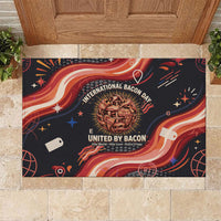 International Bacon Day United By Bacon Rubber Doormat Retro Bacon Globe and Cool Bacon Mascot Graphic