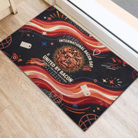 International Bacon Day United By Bacon Rubber Doormat Retro Bacon Globe and Cool Bacon Mascot Graphic