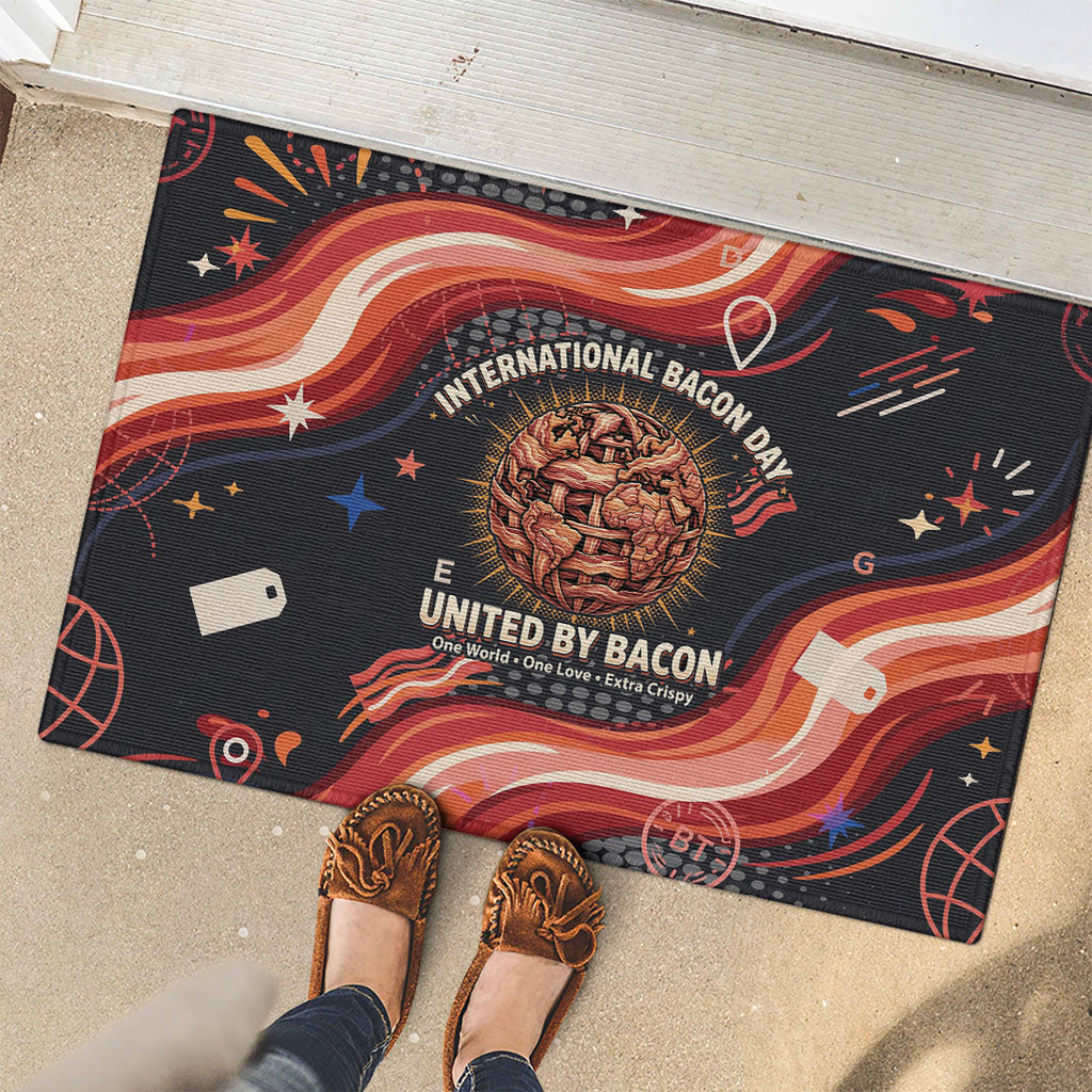 International Bacon Day United By Bacon Rubber Doormat Retro Bacon Globe and Cool Bacon Mascot Graphic
