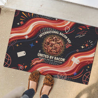 International Bacon Day United By Bacon Rubber Doormat Retro Bacon Globe and Cool Bacon Mascot Graphic