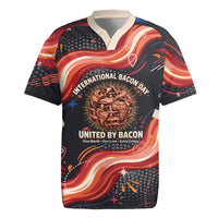 International Bacon Day United By Bacon Rugby Jersey Retro Bacon Globe and Cool Bacon Mascot Graphic