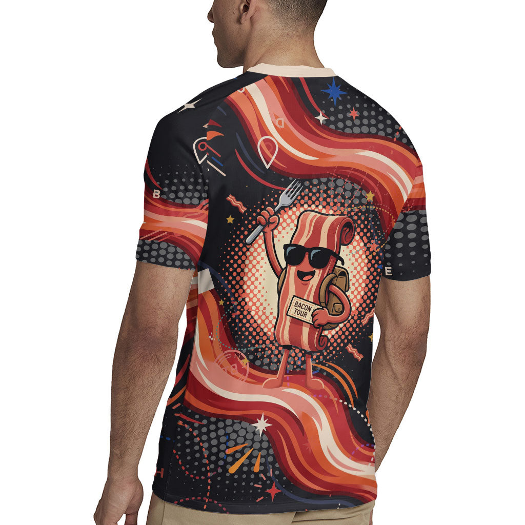 International Bacon Day United By Bacon Rugby Jersey Retro Bacon Globe and Cool Bacon Mascot Graphic