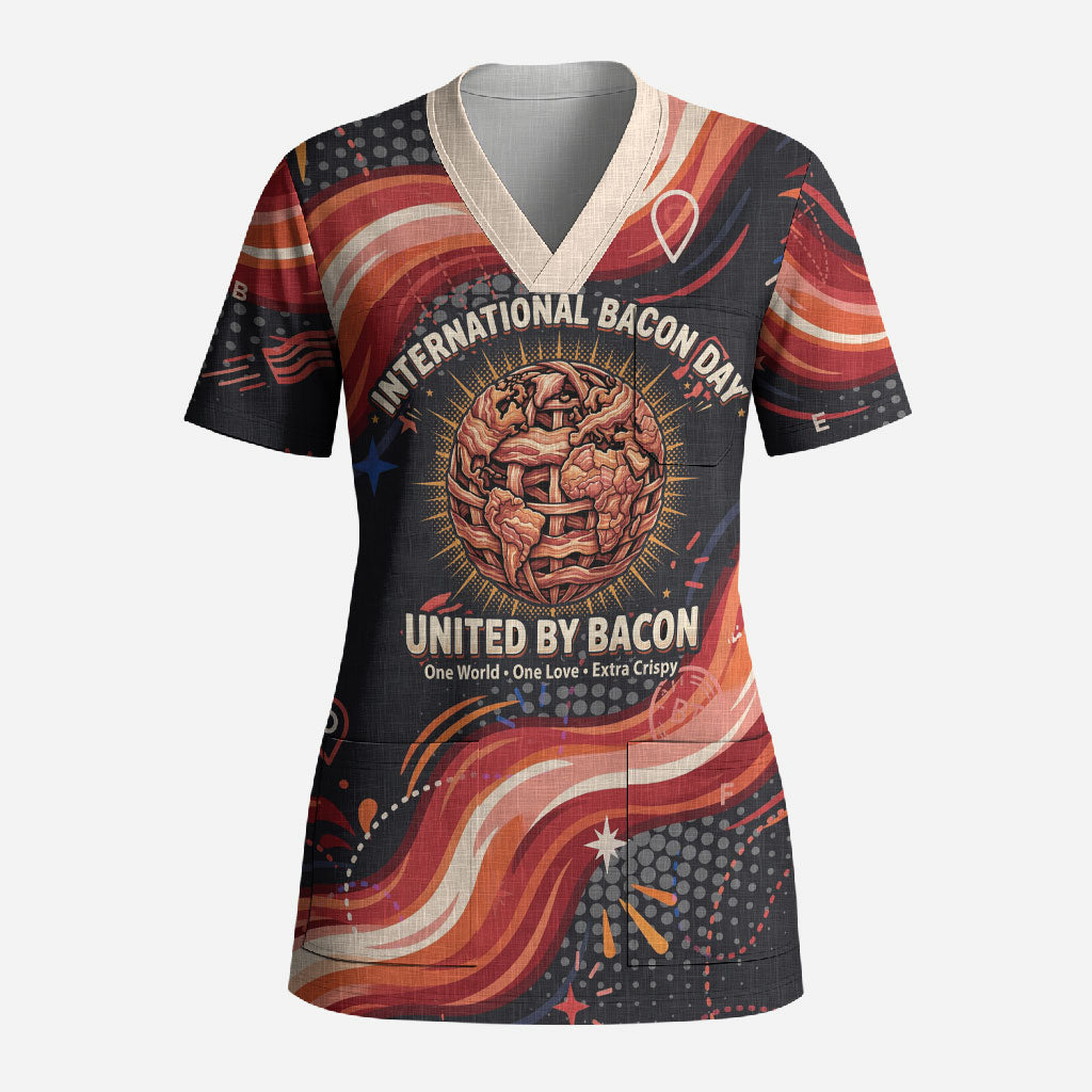 International Bacon Day United By Bacon Scrub Top Retro Bacon Globe and Cool Bacon Mascot Graphic