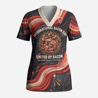 International Bacon Day United By Bacon Scrub Top Retro Bacon Globe and Cool Bacon Mascot Graphic