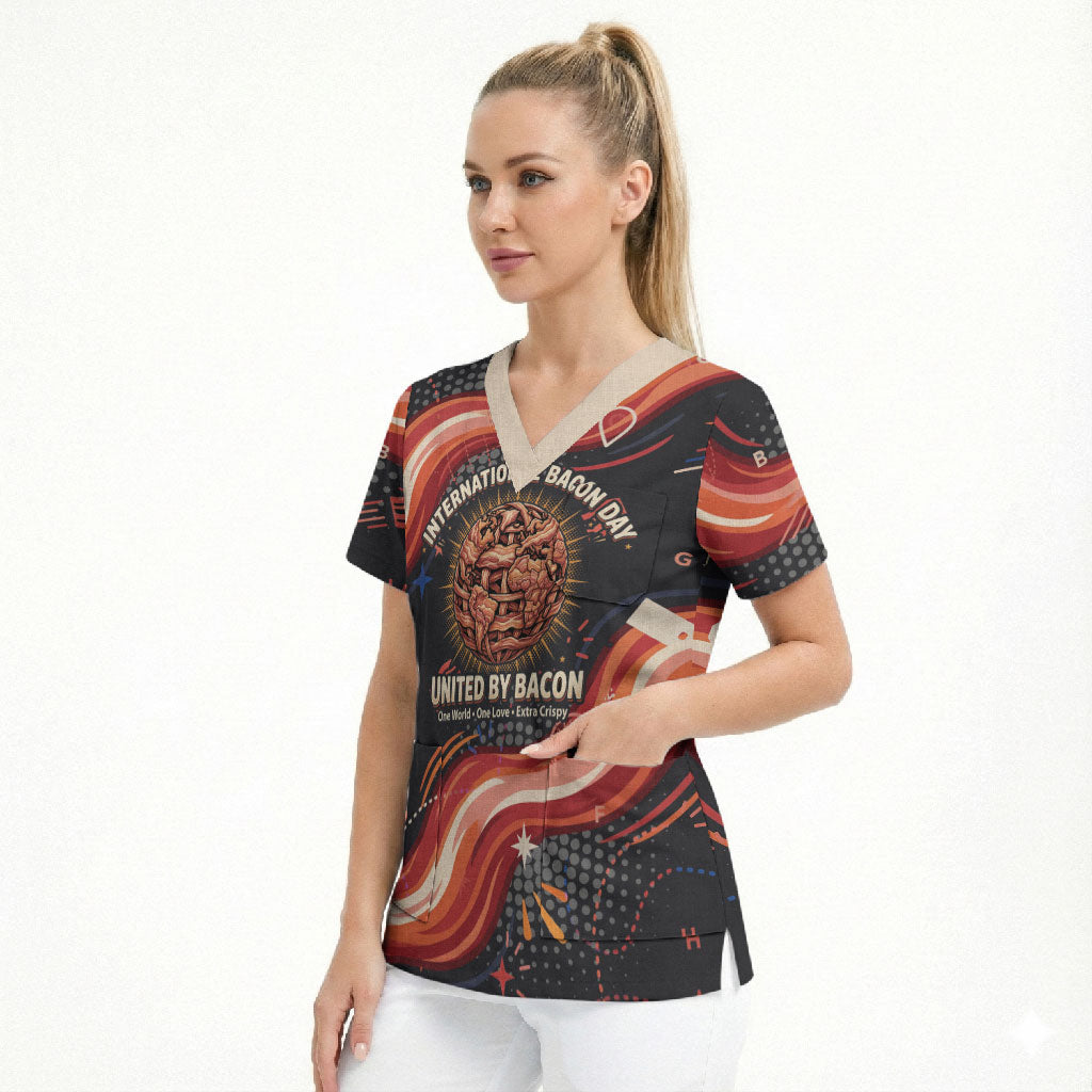 International Bacon Day United By Bacon Scrub Top Retro Bacon Globe and Cool Bacon Mascot Graphic