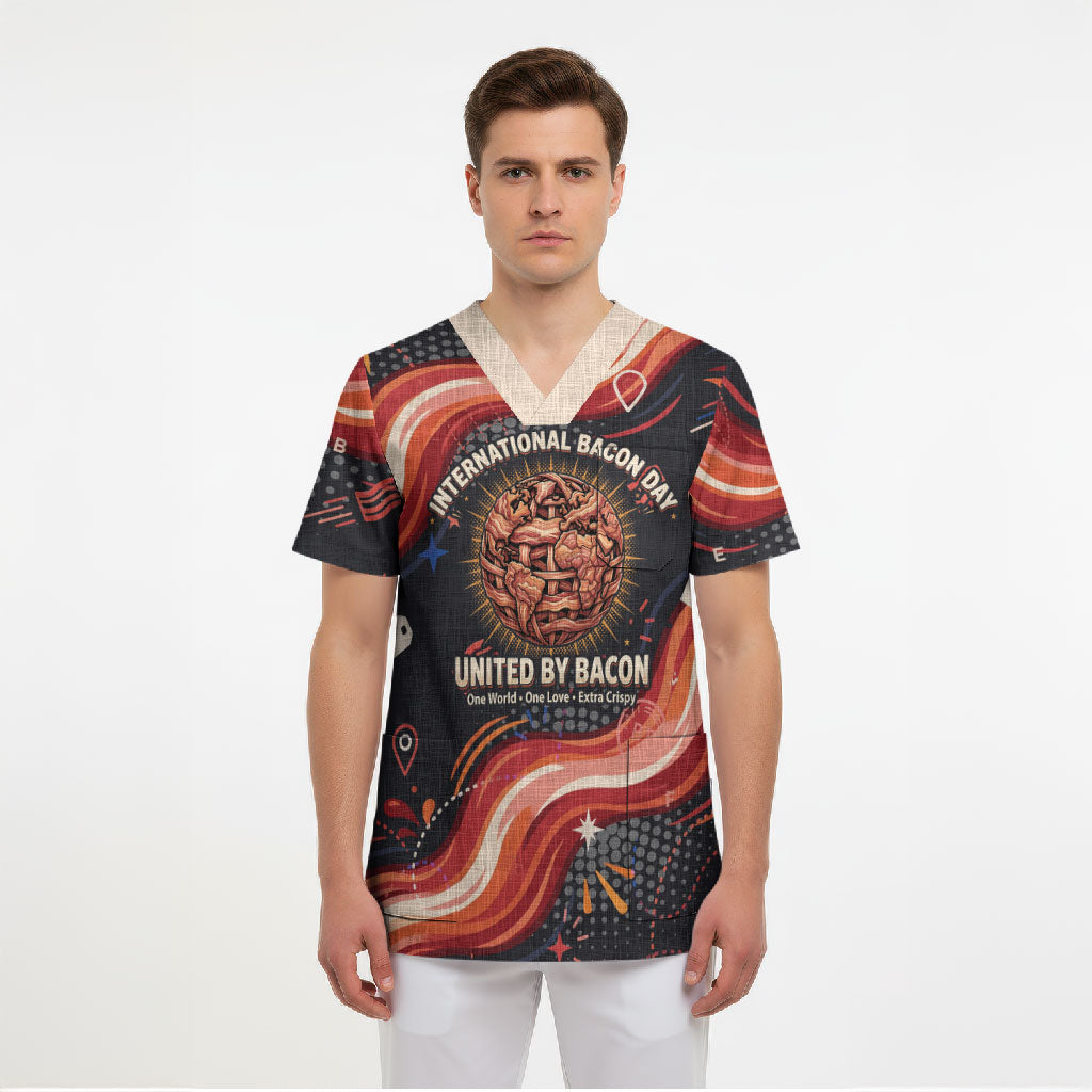 International Bacon Day United By Bacon Scrub Top Retro Bacon Globe and Cool Bacon Mascot Graphic