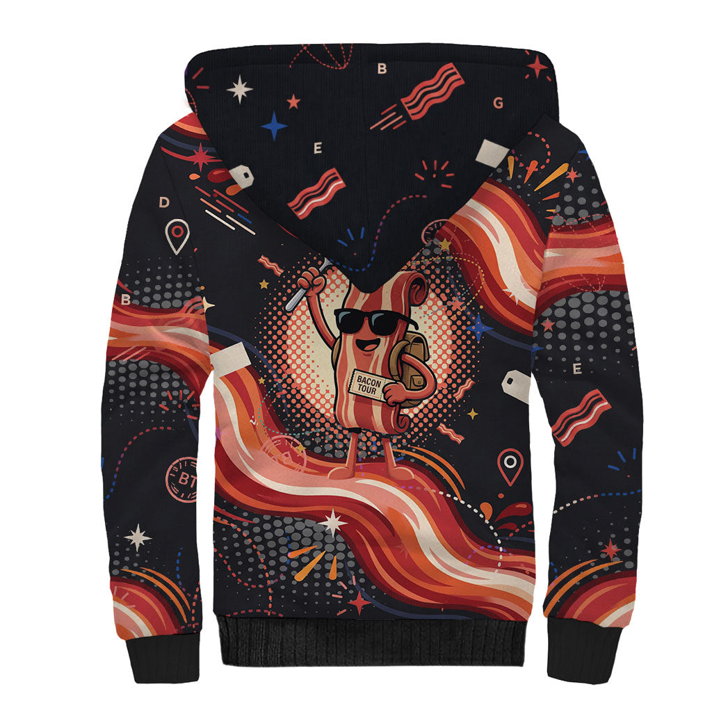 International Bacon Day United By Bacon Sherpa Hoodie Retro Bacon Globe and Cool Bacon Mascot Graphic