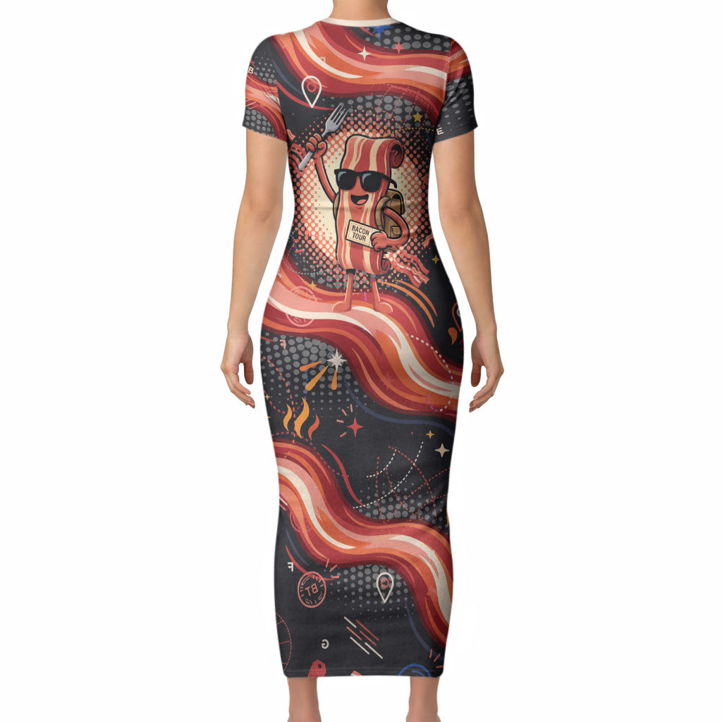 International Bacon Day United By Bacon Short Sleeve Bodycon Dress Retro Bacon Globe and Cool Bacon Mascot Graphic