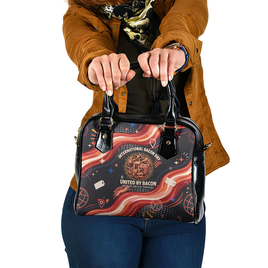 International Bacon Day United By Bacon Shoulder Handbag Retro Bacon Globe and Cool Bacon Mascot Graphic