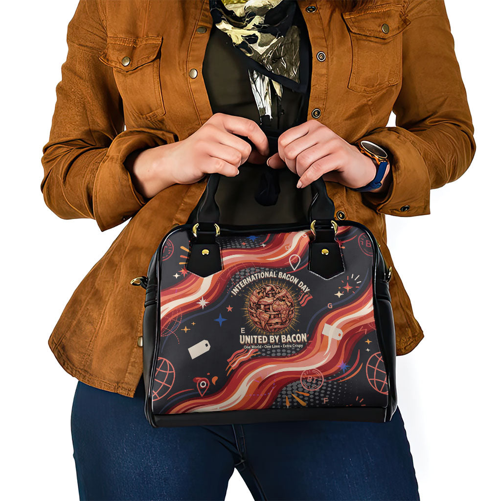 International Bacon Day United By Bacon Shoulder Handbag Retro Bacon Globe and Cool Bacon Mascot Graphic