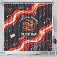 International Bacon Day United By Bacon Shower Curtain Retro Bacon Globe and Cool Bacon Mascot Graphic