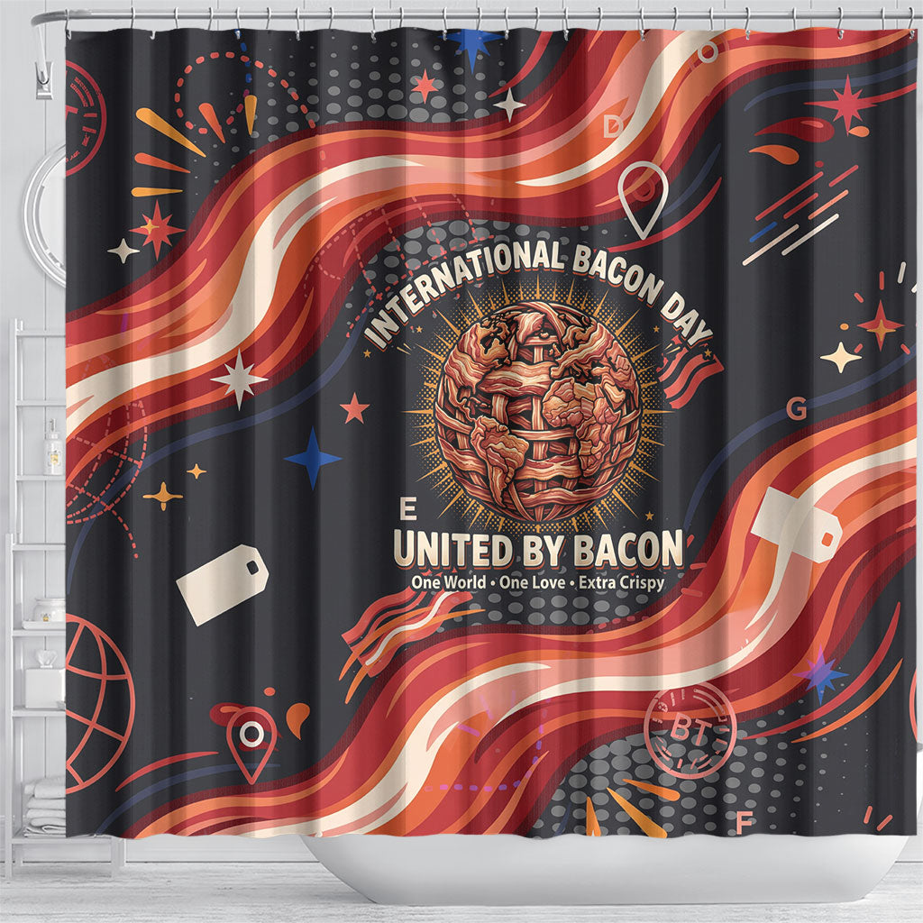 International Bacon Day United By Bacon Shower Curtain Retro Bacon Globe and Cool Bacon Mascot Graphic