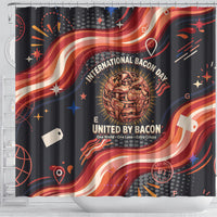 International Bacon Day United By Bacon Shower Curtain Retro Bacon Globe and Cool Bacon Mascot Graphic