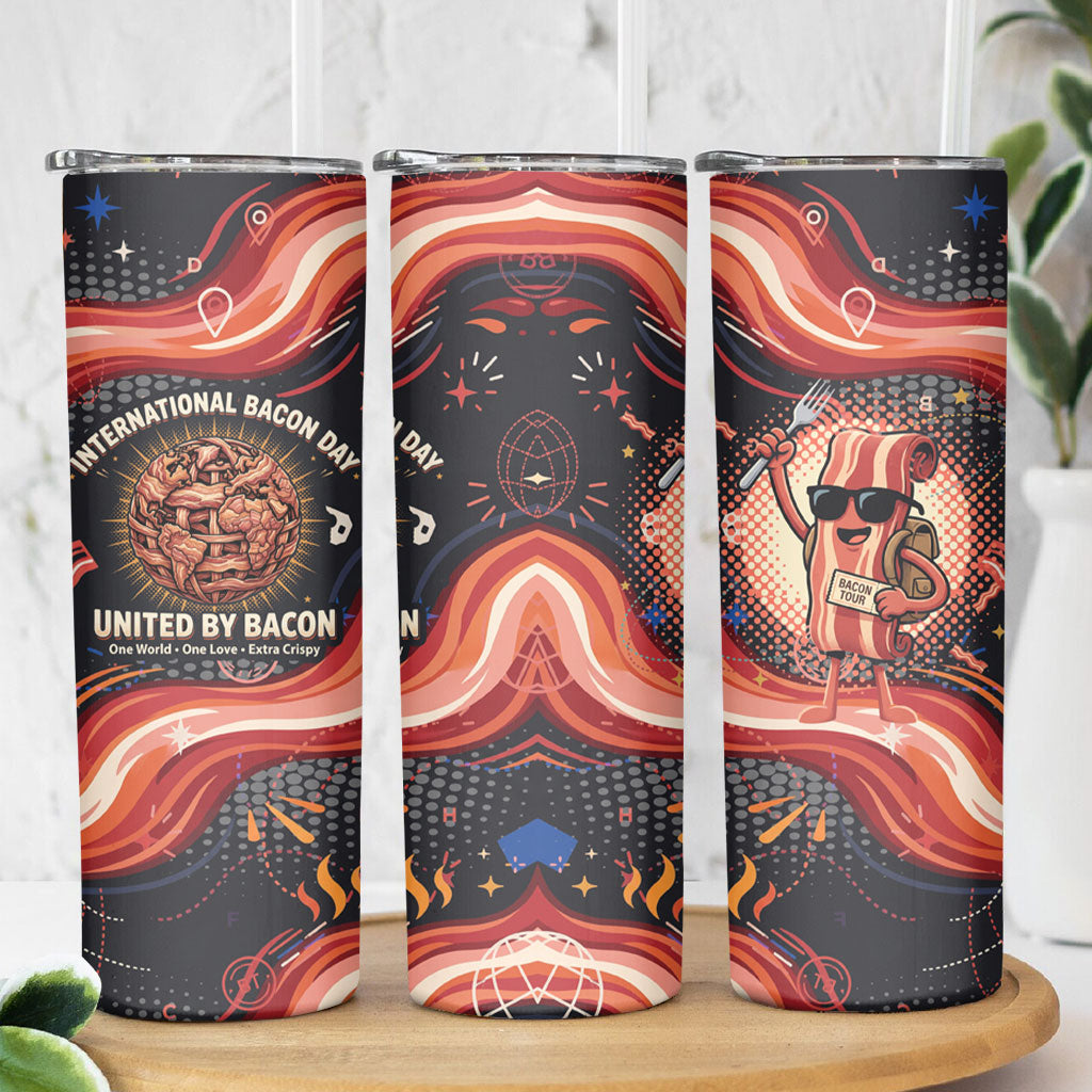 International Bacon Day United By Bacon Skinny Tumbler Retro Bacon Globe and Cool Bacon Mascot Graphic