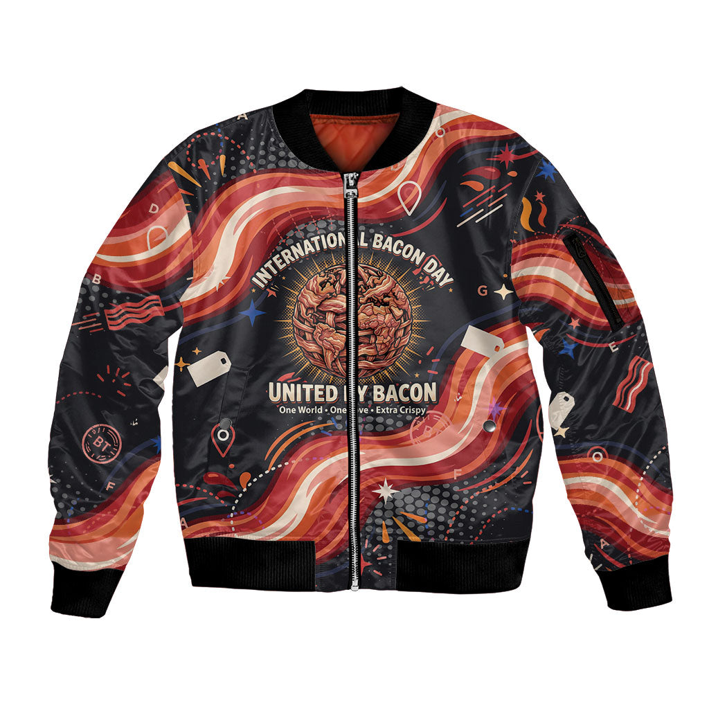 International Bacon Day United By Bacon Sleeve Zip Bomber Jacket Retro Bacon Globe and Cool Bacon Mascot Graphic