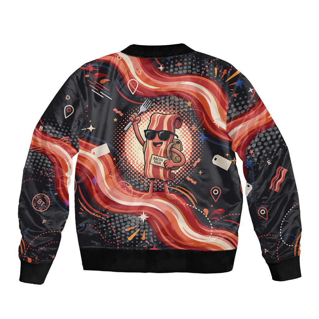 International Bacon Day United By Bacon Sleeve Zip Bomber Jacket Retro Bacon Globe and Cool Bacon Mascot Graphic