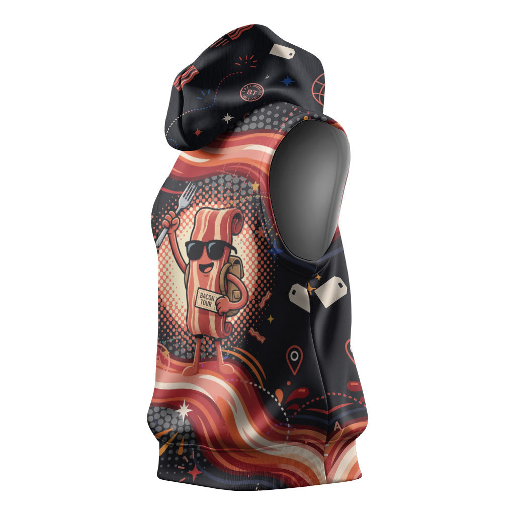International Bacon Day United By Bacon Sleeveless Hoodie Retro Bacon Globe and Cool Bacon Mascot Graphic