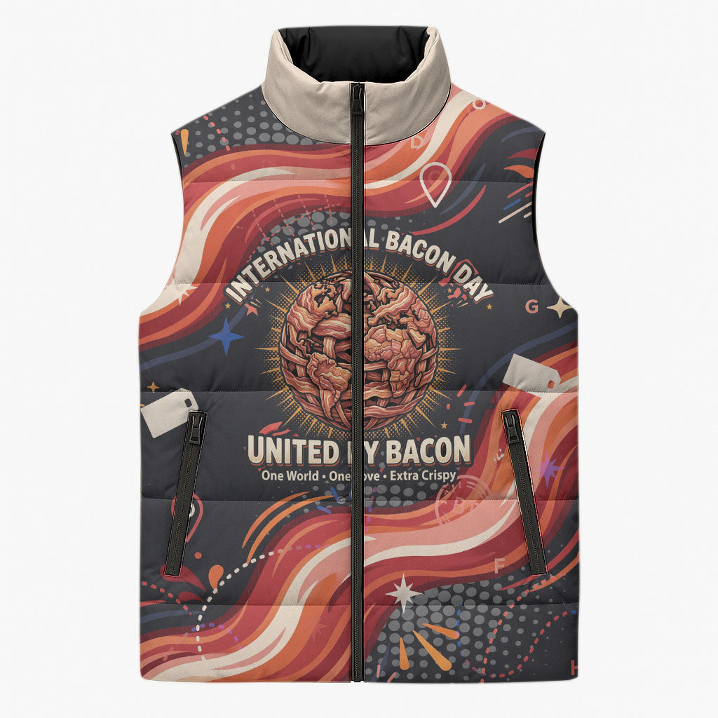 International Bacon Day United By Bacon Sleeveless Puffer Jacket Retro Bacon Globe and Cool Bacon Mascot Graphic