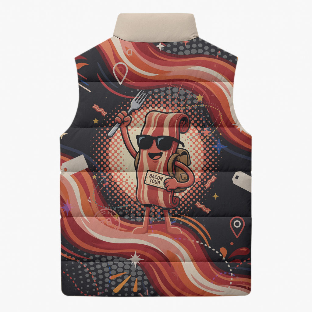 International Bacon Day United By Bacon Sleeveless Puffer Jacket Retro Bacon Globe and Cool Bacon Mascot Graphic