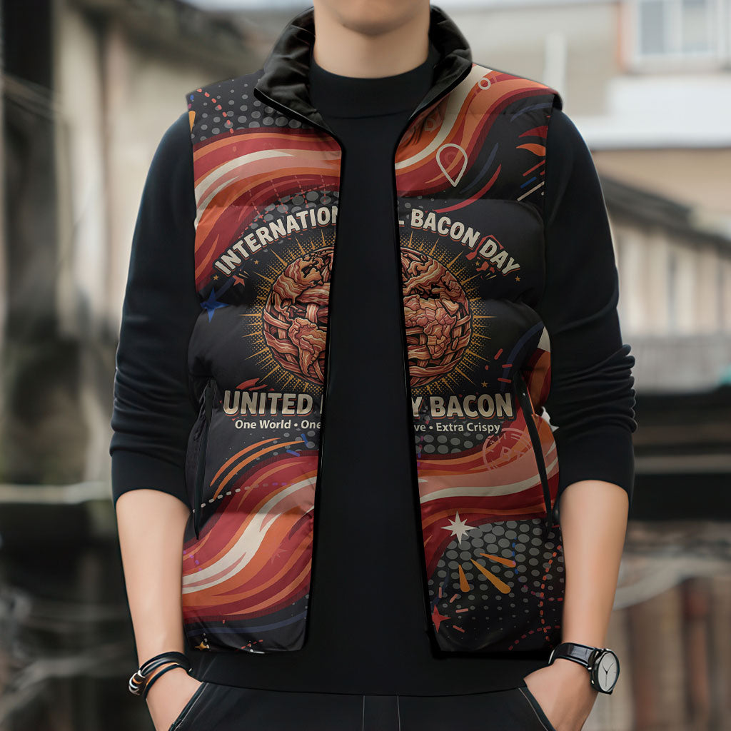 International Bacon Day United By Bacon Sleeveless Puffer Jacket Retro Bacon Globe and Cool Bacon Mascot Graphic