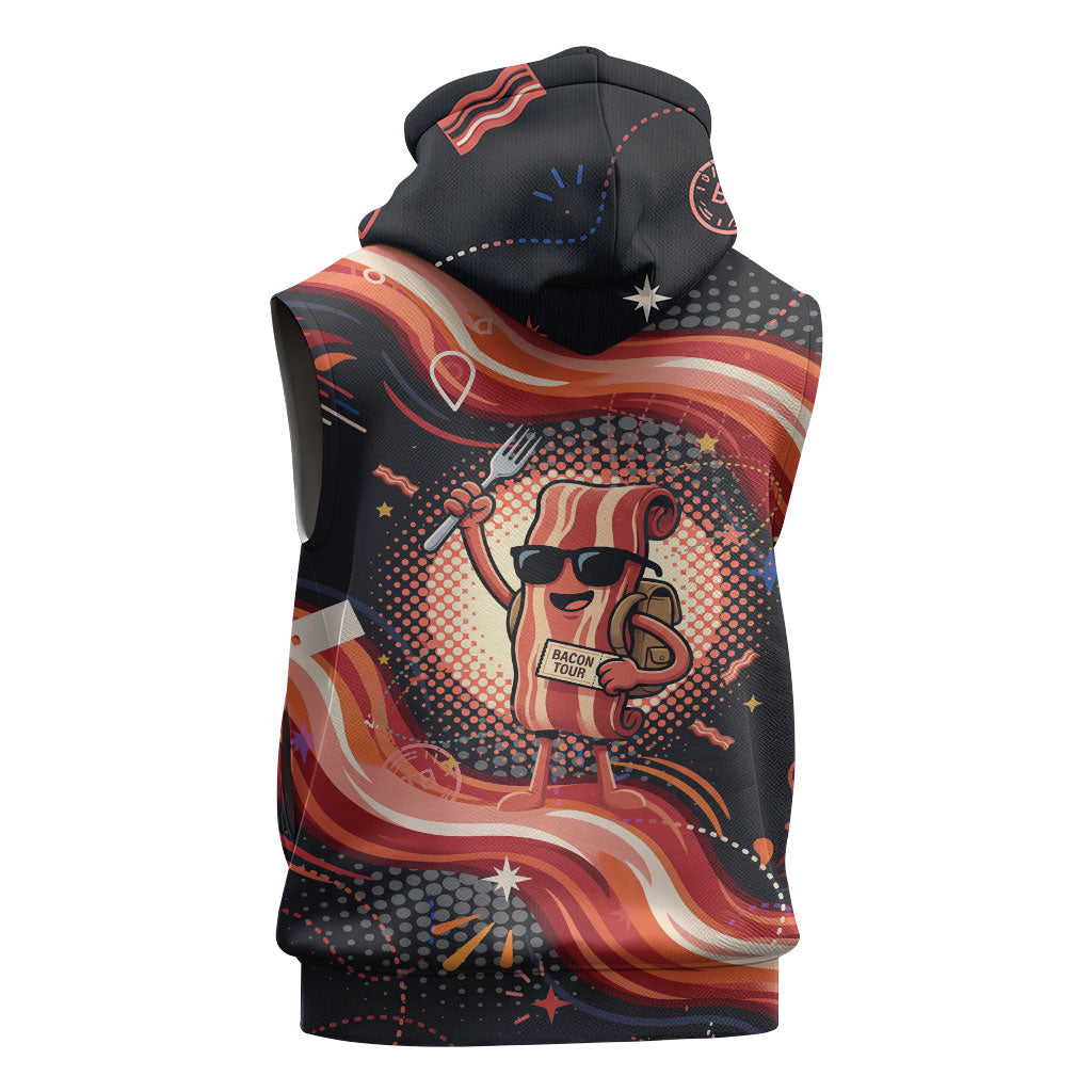 International Bacon Day United By Bacon Sleeveless Zip Hoodie Retro Bacon Globe and Cool Bacon Mascot Graphic