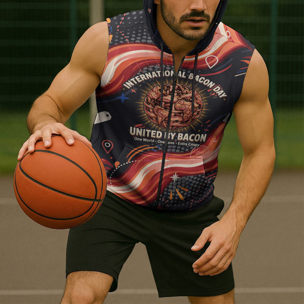International Bacon Day United By Bacon Sleeveless Zip Hoodie Retro Bacon Globe and Cool Bacon Mascot Graphic