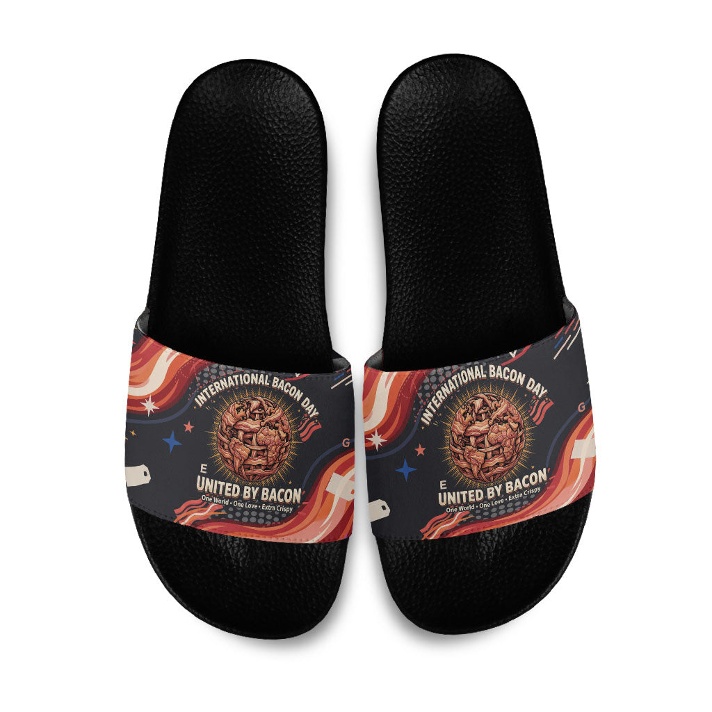 International Bacon Day United By Bacon Slide Sandals Retro Bacon Globe and Cool Bacon Mascot Graphic