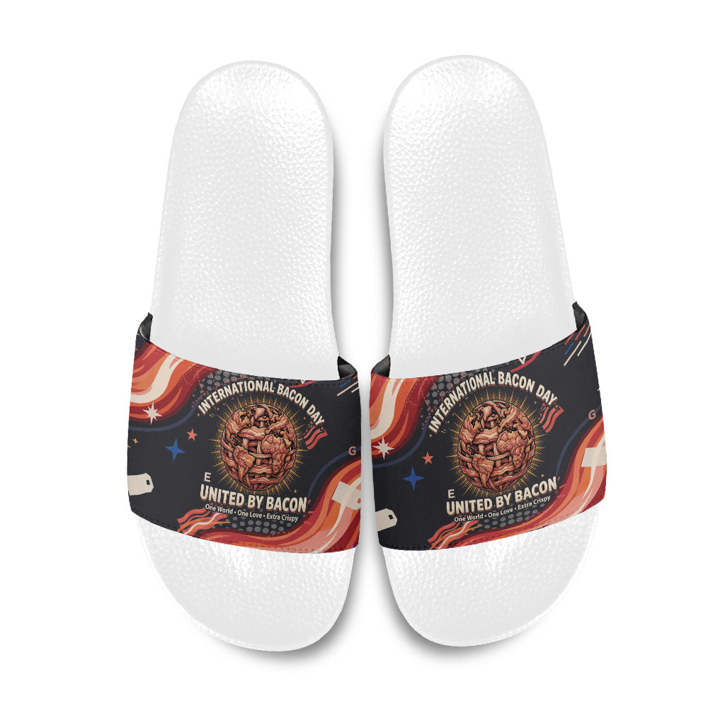 International Bacon Day United By Bacon Slide Sandals Retro Bacon Globe and Cool Bacon Mascot Graphic