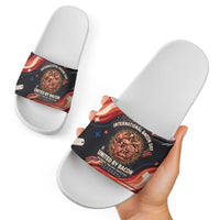International Bacon Day United By Bacon Slide Sandals Retro Bacon Globe and Cool Bacon Mascot Graphic