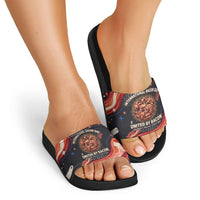 International Bacon Day United By Bacon Slide Sandals Retro Bacon Globe and Cool Bacon Mascot Graphic