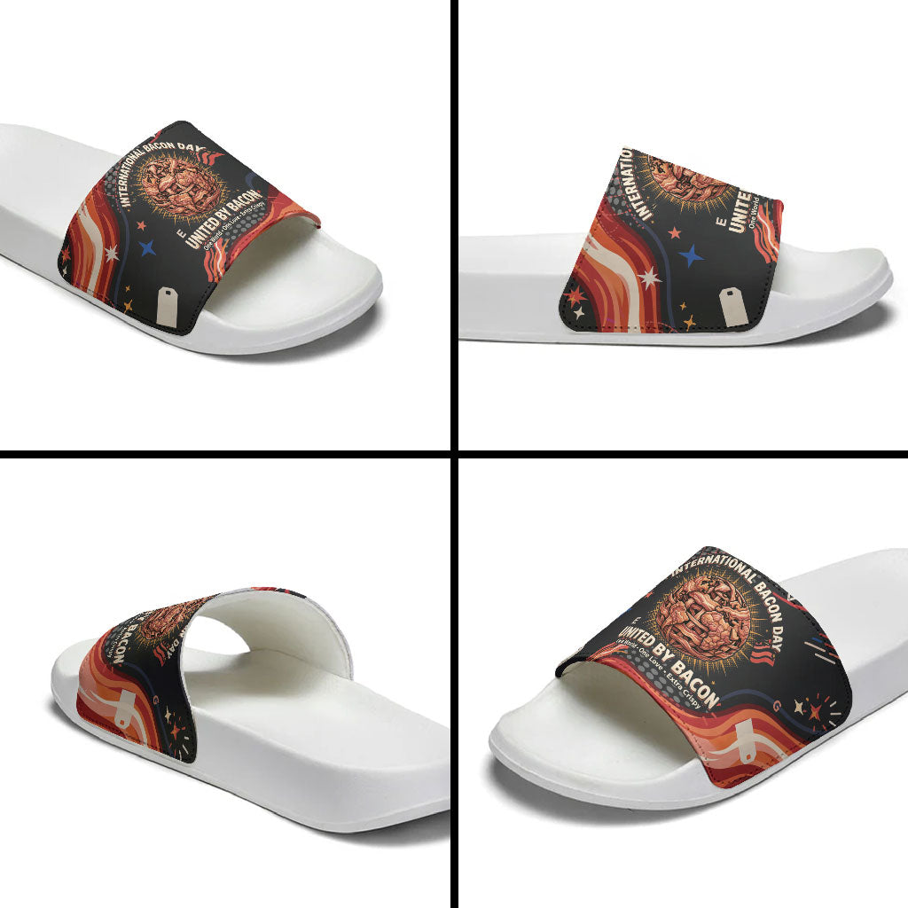 International Bacon Day United By Bacon Slide Sandals Retro Bacon Globe and Cool Bacon Mascot Graphic