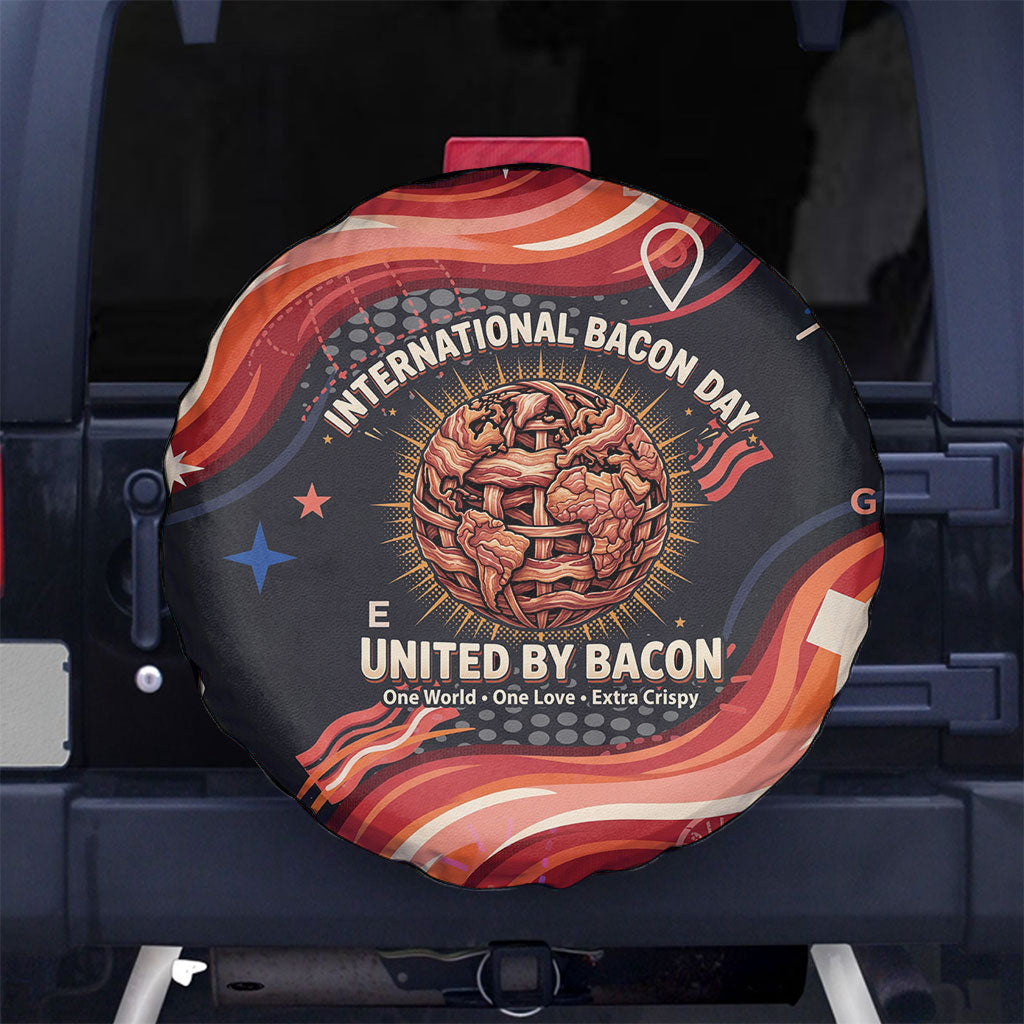 International Bacon Day United By Bacon Spare Tire Cover Retro Bacon Globe and Cool Bacon Mascot Graphic