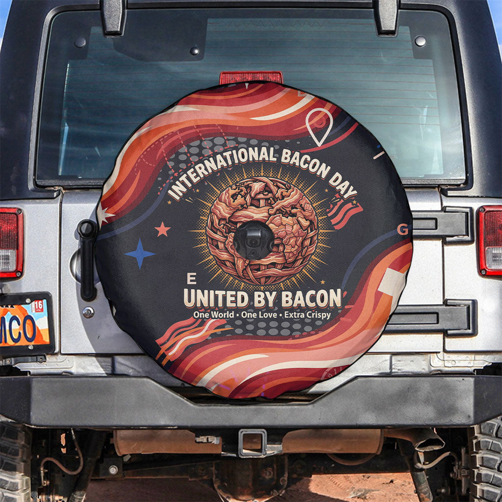International Bacon Day United By Bacon Spare Tire Cover Retro Bacon Globe and Cool Bacon Mascot Graphic