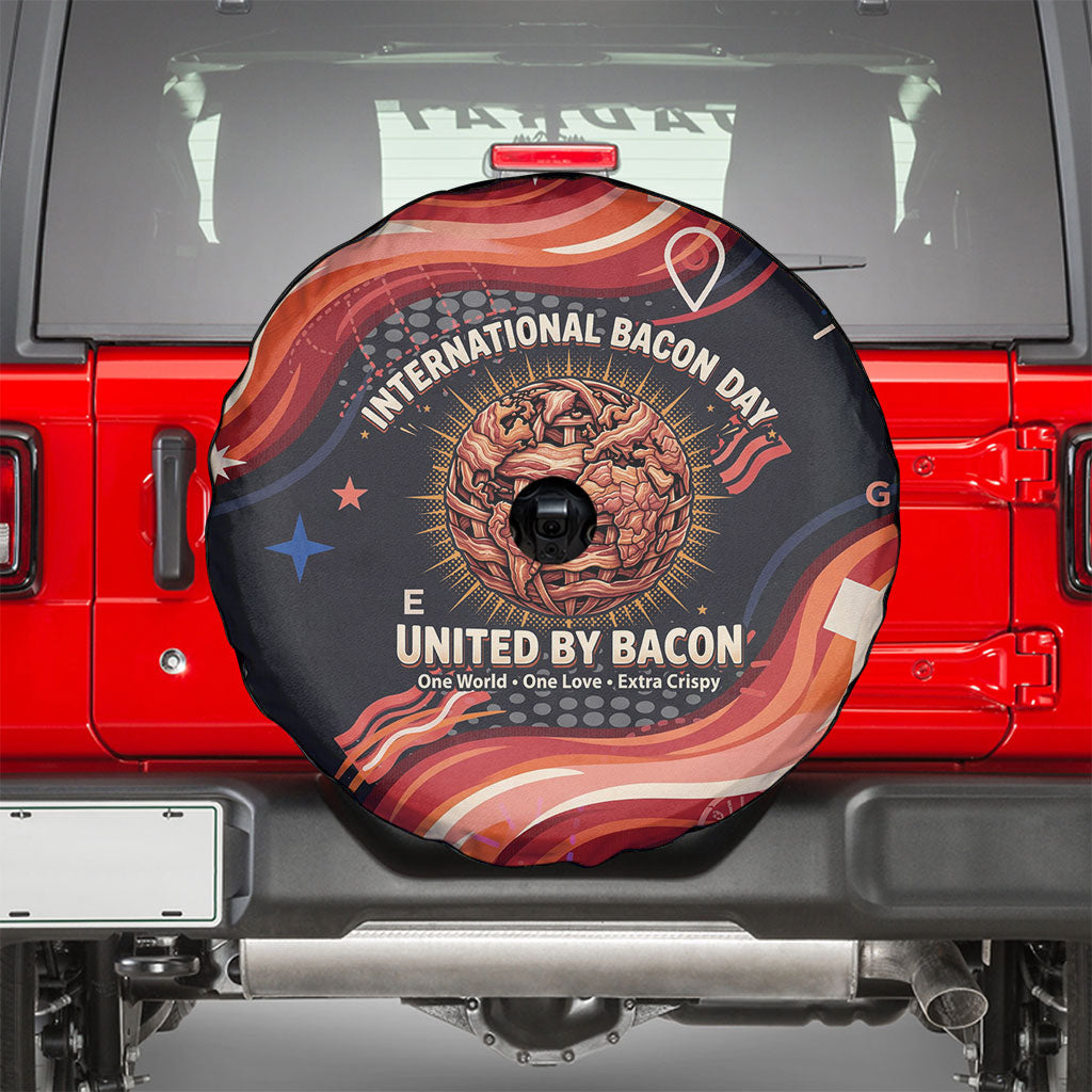 International Bacon Day United By Bacon Spare Tire Cover Retro Bacon Globe and Cool Bacon Mascot Graphic