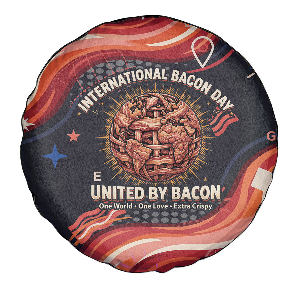 International Bacon Day United By Bacon Spare Tire Cover Retro Bacon Globe and Cool Bacon Mascot Graphic