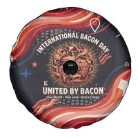 International Bacon Day United By Bacon Spare Tire Cover Retro Bacon Globe and Cool Bacon Mascot Graphic
