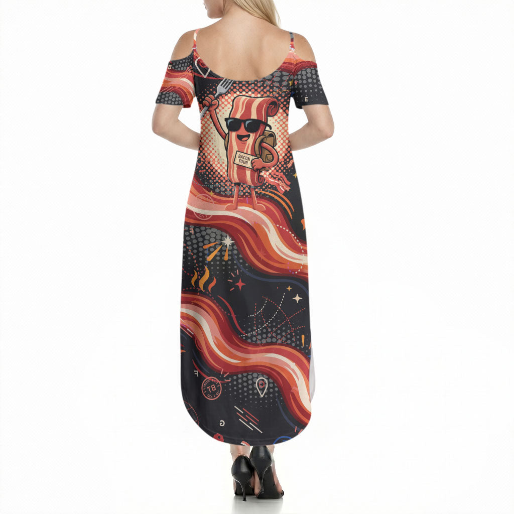 International Bacon Day United By Bacon Summer Maxi Dress Retro Bacon Globe and Cool Bacon Mascot Graphic