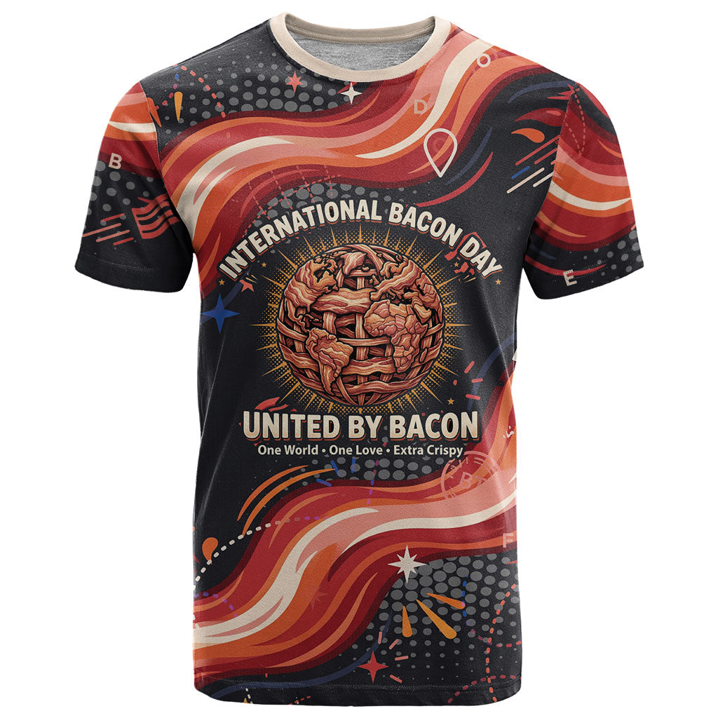 International Bacon Day United By Bacon T Shirt Retro Bacon Globe and Cool Bacon Mascot Graphic
