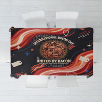 International Bacon Day United By Bacon Tablecloth Retro Bacon Globe and Cool Bacon Mascot Graphic