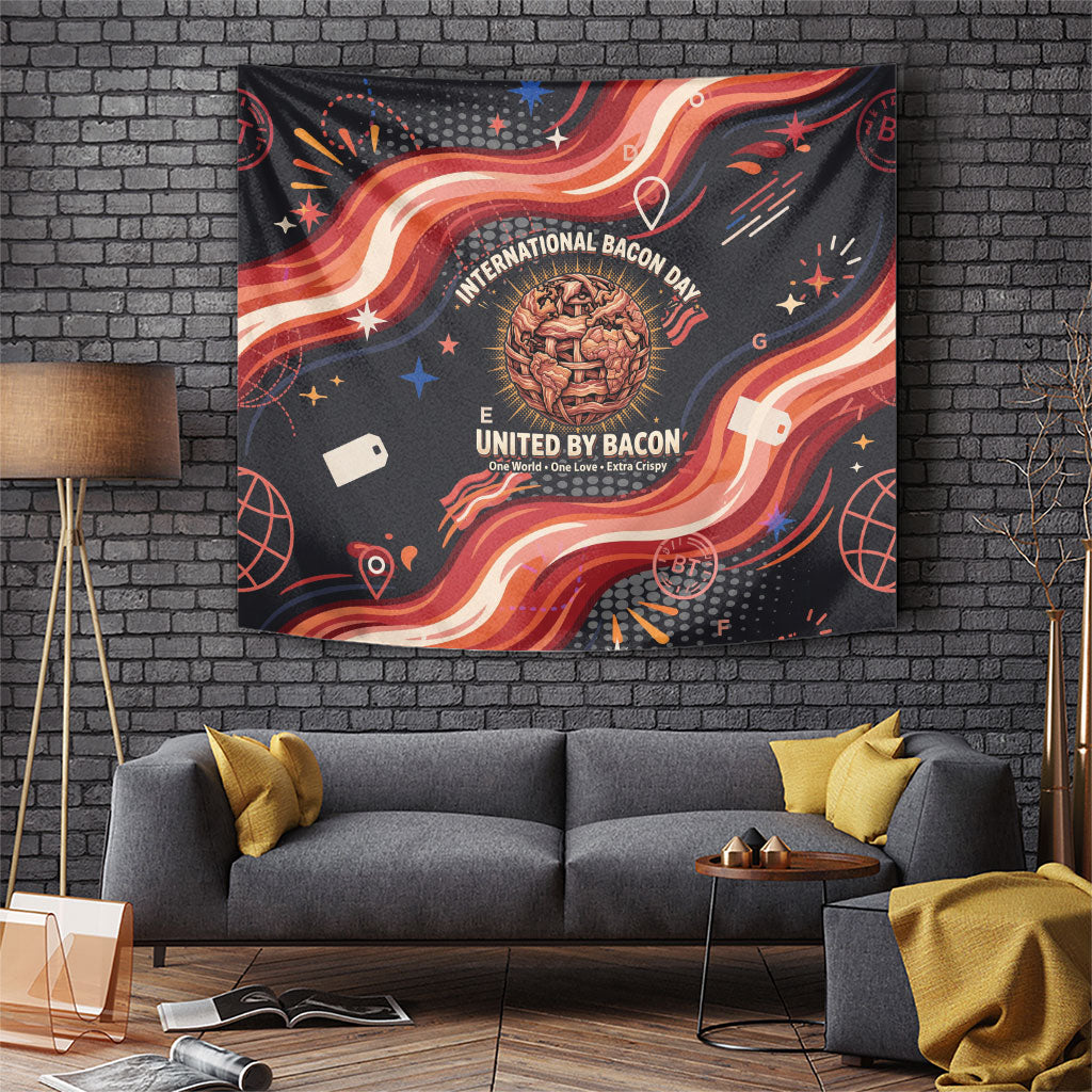 International Bacon Day United By Bacon Tapestry Retro Bacon Globe and Cool Bacon Mascot Graphic